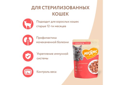 Мнямс Влажный корм Паучи для Стерилизованных кошек Кусочки в соусе с Лососем (цена за упаковку)