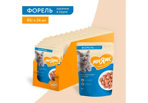 Мнямс Влажный корм Паучи для Красивой шерсти кошек Кусочки в соусе с Форелью (цена за упаковку)