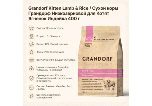 Grandorf Kitten Lamb & Rice / Сухой корм Грандорф Низкозерновой для Котят Ягненок Индейка
