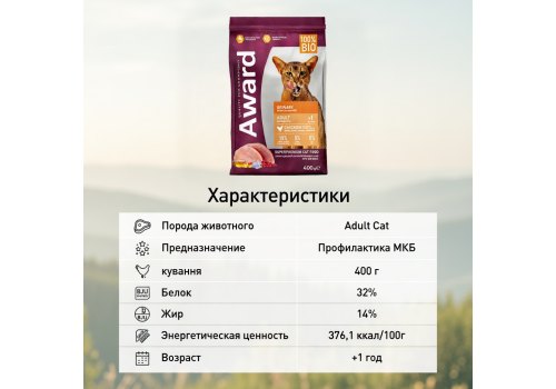 Award Adult Urinary / Сухой корм Авард для взрослых кошек для Профилактики МКБ Курица клюква цикорий рыбий жир