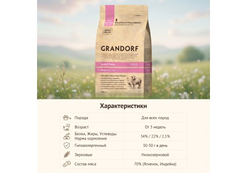 Grandorf Kitten Lamb & Rice / Сухой корм Грандорф Низкозерновой для Котят Ягненок Индейка