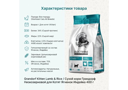 Grandorf Kitten Lamb & Rice / Сухой корм Грандорф Низкозерновой для Котят Ягненок Индейка