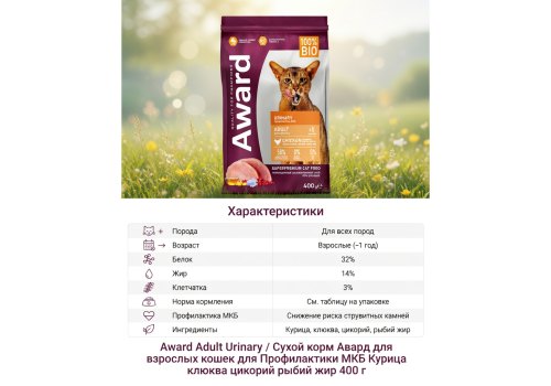 Award Adult Urinary / Сухой корм Авард для взрослых кошек для Профилактики МКБ Курица клюква цикорий рыбий жир