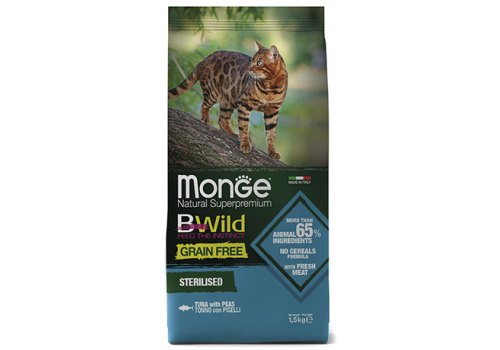 Monge Cat BWild Grain Free Sterilised Tuna Peas / Сухой Беззерновой корм Монж Бивайлд для Стерилизованных кошек Тунец горох