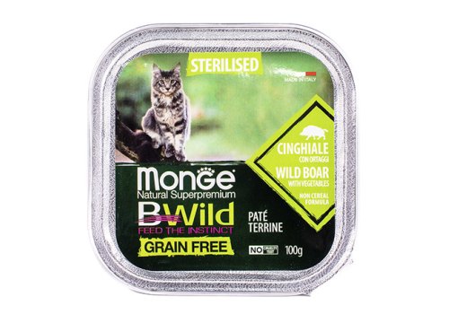 Monge Cat BWild Grain Free Sterilised Wild Boar Pate / Влажный Беззерновой корм Монж для Стерилизованных кошек Паштет из Кабана с овощами (цена за упаковку)