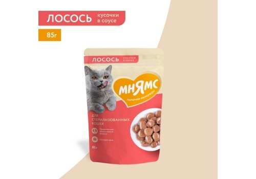 Мнямс Влажный корм Паучи для Стерилизованных кошек Кусочки в соусе с Лососем (цена за упаковку)