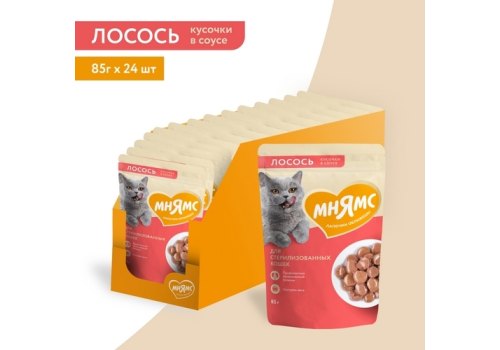Мнямс Влажный корм Паучи для Стерилизованных кошек Кусочки в соусе с Лососем (цена за упаковку)