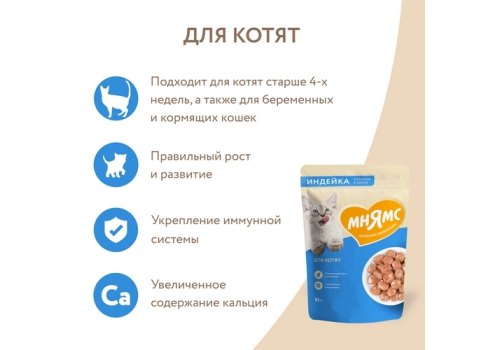 Мнямс Влажный корм Паучи для Котят Кусочки в соусе с Индейкой (цена за упаковку)