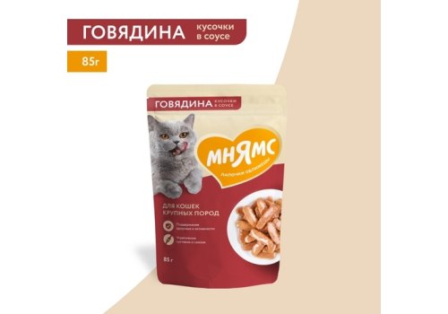 Мнямс Влажный корм Паучи для кошек Крупных пород Кусочки в соусе с Говядиной (цена за упаковку)