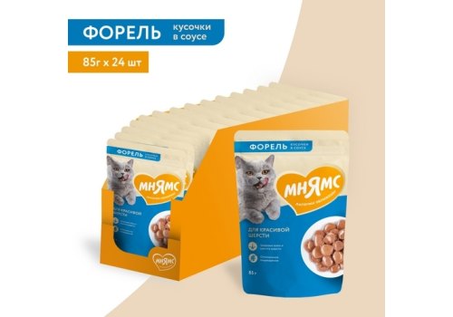 Мнямс Влажный корм Паучи для Красивой шерсти кошек Кусочки в соусе с Форелью (цена за упаковку)