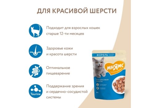 Мнямс Влажный корм Паучи для Красивой шерсти кошек Кусочки в соусе с Форелью (цена за упаковку)