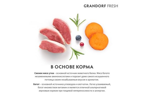 Grandorf Fresh Sterilised Duck & Sweet Potato / Сухой Беззерновой корм Грандорф для Стерилизованных кошек Утка батат