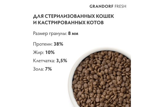 Grandorf Fresh Sterilised Turkey & Sweet Potato / Сухой Беззерновой корм Грандорф для Стерилизованных кошек Индейка батат