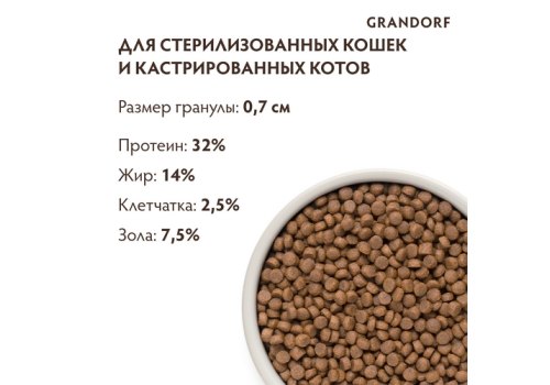 Grandorf Holistic & Hypoallergenic Sterilized Probiotic 4 meat / Сухой корм Грандорф Низкозерновой с Живыми Пробиотиками для Стерилизованных кошек 4 вида Мяса