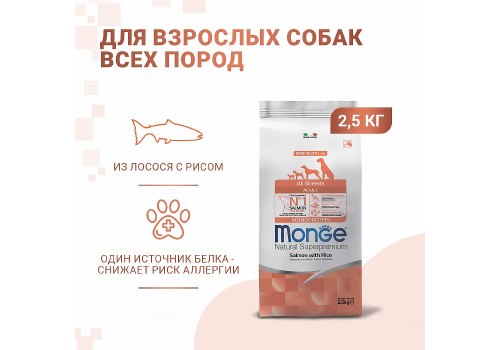 Monge Dog Monoprotein Speciality Adult Salmon & Rice / Сухой корм Монж для взрослых собак всех пород Лосось с рисом
