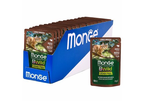 Monge Cat BWild Grain Free Large Breeds Buffalo Vegetables / Влажный Беззерновой корм Монж для кошек Крупных пород Паучи из мяса Буйвола с овощами (цена за упаковку)