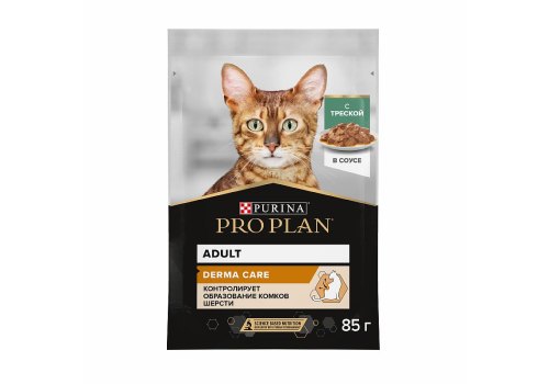 PRO PLAN DERMA CARE / Влажный корм Паучи ПРО ПЛАН для взрослых кошек Для здоровья кожи и шерсти с Треской в соусе (цена за упаковку)