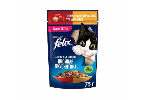 FELIX АППЕТИТНЫЕ КУСОЧКИ ДВОЙНАЯ ВКУСНЯТИНА / Влажный корм Паучи Феликс Аппетитные кусочки для взрослых кошек с говядиной и домашней птицей (цена за упаковку)