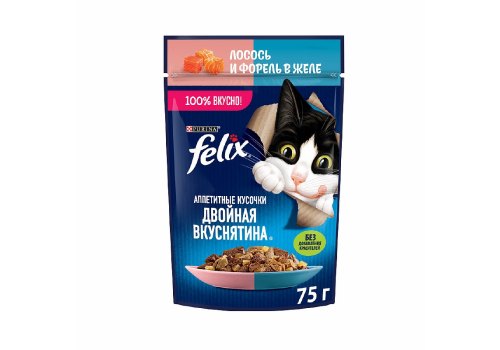 FELIX АППЕТИТНЫЕ КУСОЧКИ ДВОЙНАЯ ВКУСНЯТИНА / Влажный корм Паучи Феликс Аппетитные кусочки для взрослых кошек с лососем и форелью (цена за упаковку)