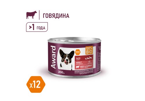 Award Adult / Влажный корм Авард для взрослых собак Паштет из говядины с морковью (цена за упаковку)