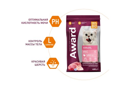 Award Adult Sterilized / Сухой корм Авард для взрослых Стерилизованных кошек Индейка курица клюква цикорий
