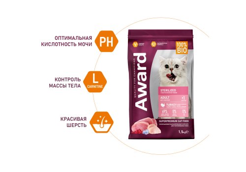 Award Adult Sterilized / Сухой корм Авард для взрослых Стерилизованных кошек Индейка курица клюква цикорий
