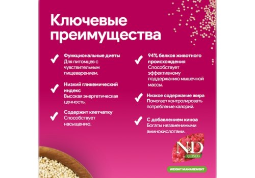 Farmina N&D Quinoa Line Weight Management Adult Mini Lamb Grain free / Сухой Беззерновой корм Фармина для взрослых собак Мелких пород Контроль Веса Ягненок с Киноа