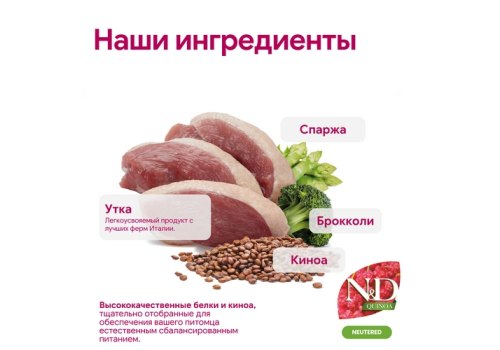 Farmina N&D Quinoa Line Neutered Adult Medium Maxi Duck Broccoli & Asparagus Grain free / Сухой Беззерновой корм Фармина для взрослых Стерилизованных собак Средних и Крупных пород Утка Брокколи и Спаржа