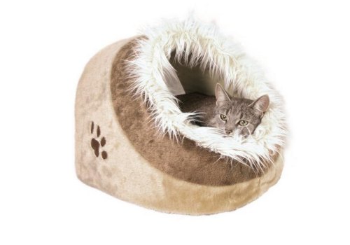 Trixie / Лежак-пещера для кошек Трикси "Minou" Бежевый/Коричневый с рисунком "Лапка" Плюш