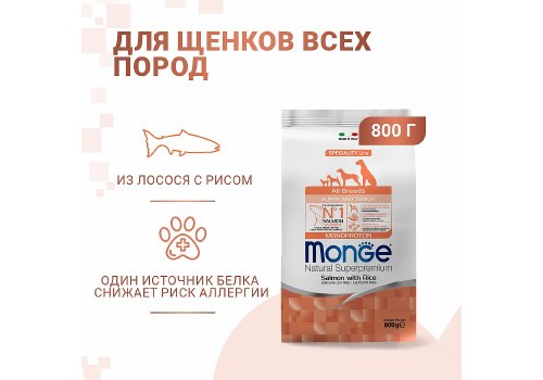 Monge Dog Monoprotein Puppy & Junior Salmon with rice / Сухой корм Монж для Щенков всех пород Лосось с рисом