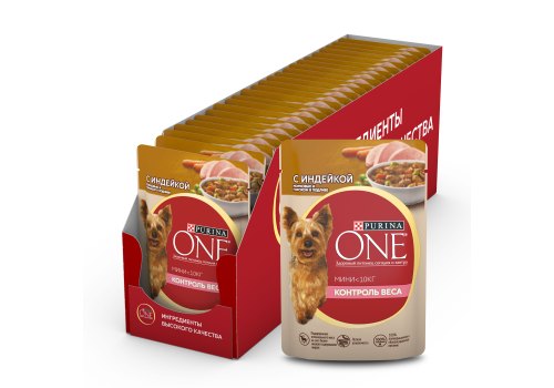 PURINA ONE MINI / Влажный корм Паучи Пурина УАН для взрослых собак мелких пород при склоннности к набору веса с индейкой (цена за упаковку)