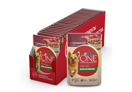 PURINA ONE MINI / Влажный корм Паучи Пурина УАН для взрослых собак мелких пород при активном образе жизни с говядиной (цена за упаковку)