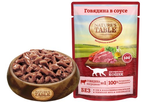 Natures Table / Паучи Нейчерс Тейбл для взрослых кошек Говядина в соусе (цена за упаковку)