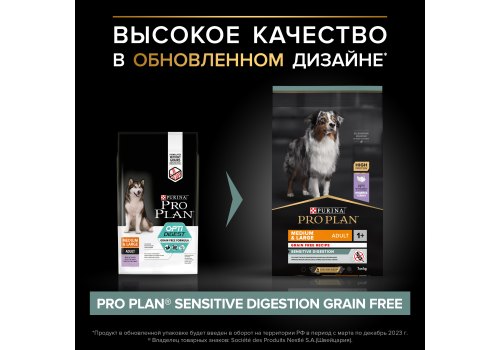 PRO PLAN GRAIN FREE / Сухой корм ПРО ПЛАН для взрослых собак средних и крупных пород при чувствительном пищеварении с индейкой