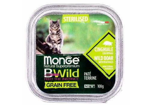 Monge Cat BWild Grain Free Sterilised Wild Boar Pate / Влажный Беззерновой корм Монж для Стерилизованных кошек Паштет из Кабана с овощами (цена за упаковку)