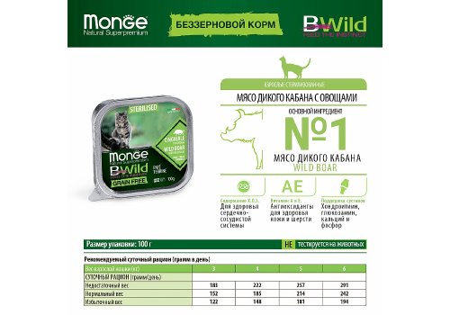 Monge Cat BWild Grain Free Sterilised Wild Boar Pate / Влажный Беззерновой корм Монж для Стерилизованных кошек Паштет из Кабана с овощами (цена за упаковку)