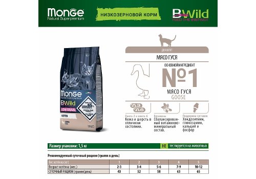 Monge Kitten BWild Low Grain Goose / Сухой Низкозерновой корм Монж Бивайлд для Котят мясо Гуся