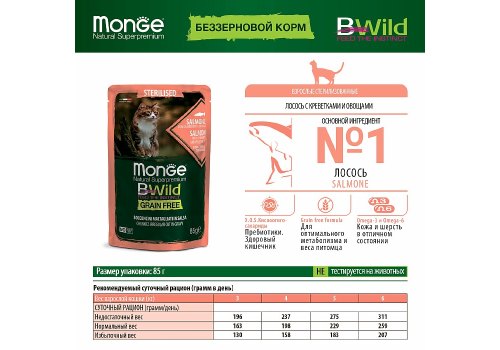 Monge Cat BWild Grain Free Sterilised Salmon Shrimps Vegetables / Влажный Беззерновой корм Монж для Стерилизованных кошек Паучи из Лосося с Креветками и овощами (цена за упаковку)