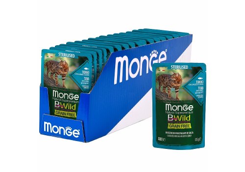 Monge Cat BWild Grain Free Sterilised Tuna Shrimps Vegetables / Влажный Беззерновой корм Монж для Стерилизованных кошек Паучи из Тунца с Креветками и овощами (цена за упаковку)