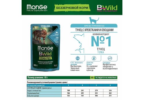 Monge Cat BWild Grain Free Sterilised Tuna Shrimps Vegetables / Влажный Беззерновой корм Монж для Стерилизованных кошек Паучи из Тунца с Креветками и овощами (цена за упаковку)