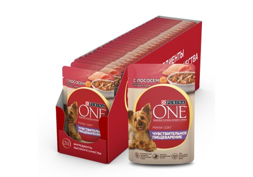 PURINA ONE MINI / Влажный корм Паучи Пурина УАН для взрослых собак мелких пород при чувствительном пищеварении с лососем (цена за упаковку)