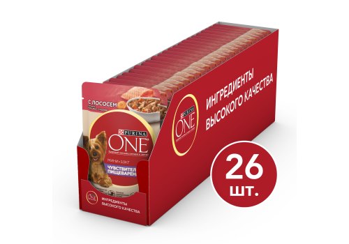 PURINA ONE MINI / Влажный корм Паучи Пурина УАН для взрослых собак мелких пород при чувствительном пищеварении с лососем (цена за упаковку)