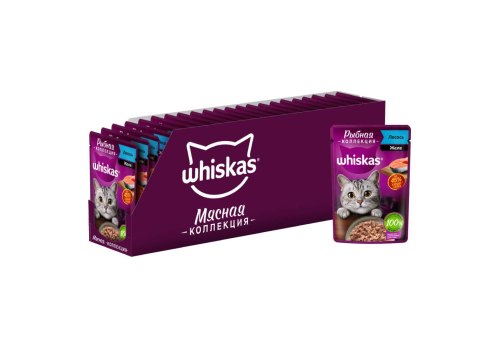 Whiskas Рыбная коллекция / Паучи Вискас для взрослых кошек Лосось желе (цена за упаковку)