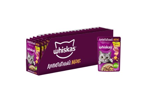 Whiskas Аппетитный микс / Паучи Вискас для взрослых кошек Курица Утка с Сырным соусом (цена за упаковку)