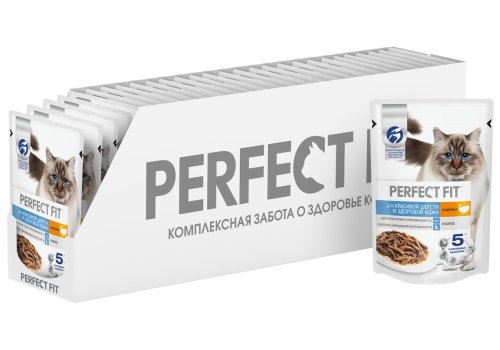 Perfect Fit Hair & Skin / Паучи Перфект Фит для кошек для Красивой шерсти и здоровой кожи Индейка в соусе (цена за упаковку)