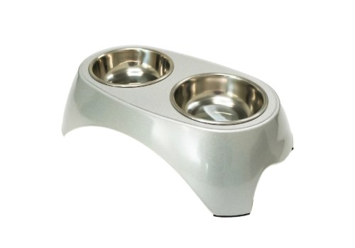 SuperDesign / Миска Супер Дизайн на меламиновой подставке Двойная Металлик Белая