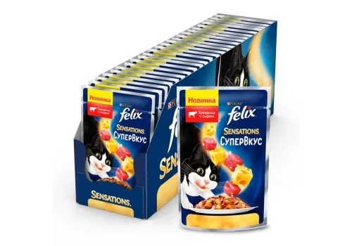 FELIX SENSATIONS СУПЕРВКУС / Влажный корм Паучи Пурина Феликс Супервкус для взрослых кошек с говядиной и сыром в желе (цена за упаковку)