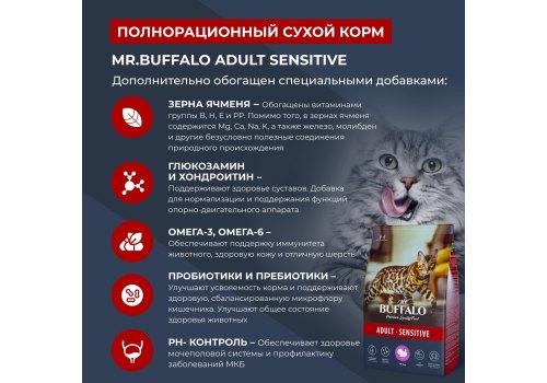 Mr.Buffalo Adult Sensitive / Сухой корм Мистер Бафало для кошек с Чувствительным пищеварением Индейка