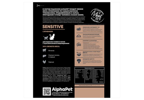 AlphaPet Superpremium Sensitive / Сухой корм АльфаПет для взрослых кошек с Чувствительным пищеварением Ягненок