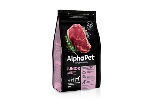 AlphaPet Junior Superpremium / Сухой корм АльфаПет для Щенков Крупных пород с 6 месяцев до 1,5лет Говядина рис
